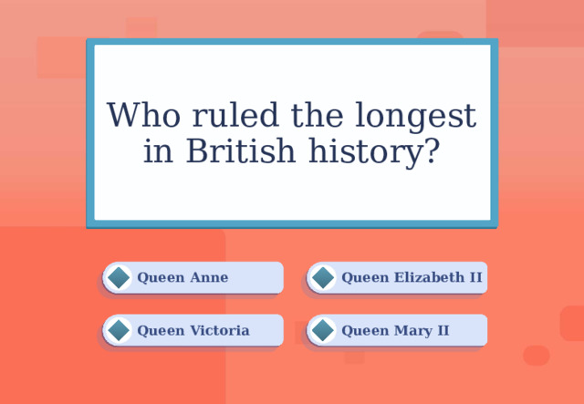 Who ruled the longest in British history? Queen Elizabeth II Queen Anne Queen Mary II Queen Victoria 