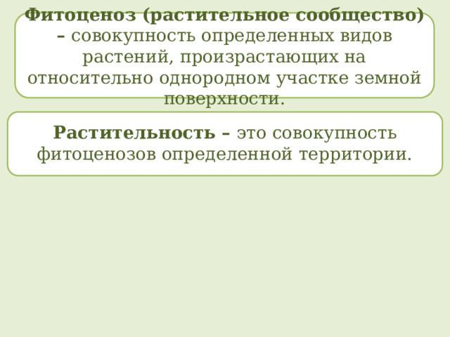 Фитоценоз (растительное сообщество) – совокупность определенных видов растений, произрастающих на относительно однородном участке земной поверхности.  Растительность – это совокупность фитоценозов определенной территории. 