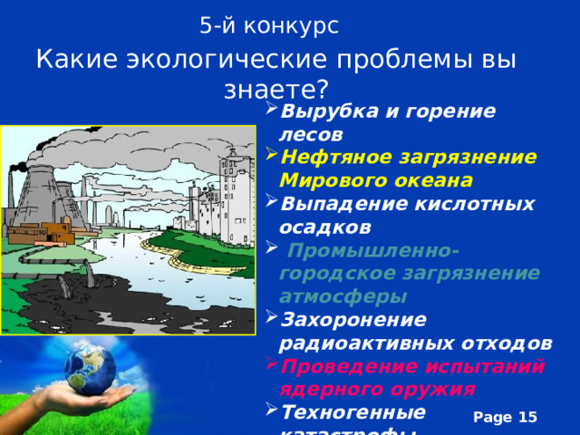  Какие экологические проблемы вы знаете? 5-й конкурс Вырубка и горение лесов Нефтяное загрязнение Мирового океана Выпадение кислотных осадков  Промышленно-городское загрязнение атмосферы Захоронение радиоактивных отходов Проведение испытаний ядерного оружия Техногенные катастрофы Загрязнение рек 