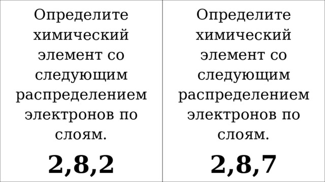 Определите химический элемент со следующим распределением электронов по слоям. 2,8,2 Определите химический элемент со следующим распределением электронов по слоям. 2,8,7 