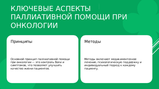 Ключевые аспекты паллиативной помощи при онкологии Принципы Методы Основной принцип паллиативной помощи при онкологии — это контроль боли и симптомов, что позволяет улучшить качество жизни пациентов. Методы включают медикаментозное лечение, психологическую поддержку и индивидуальный подход к каждому пациенту. 