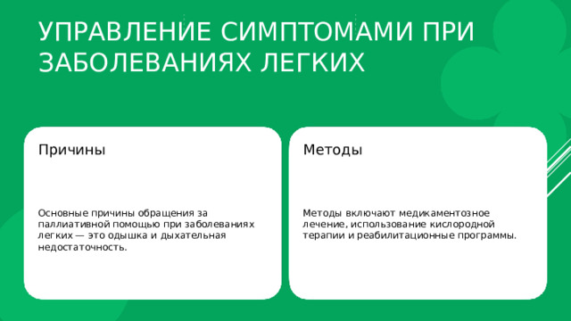 Управление симптомами при заболеваниях легких Причины Методы Основные причины обращения за паллиативной помощью при заболеваниях легких — это одышка и дыхательная недостаточность. Методы включают медикаментозное лечение, использование кислородной терапии и реабилитационные программы. 