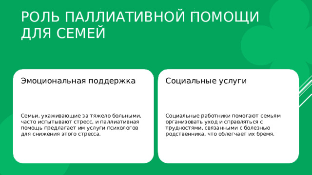 Роль паллиативной помощи для семей Эмоциональная поддержка Социальные услуги Семьи, ухаживающие за тяжело больными, часто испытывают стресс, и паллиативная помощь предлагает им услуги психологов для снижения этого стресса. Социальные работники помогают семьям организовать уход и справляться с трудностями, связанными с болезнью родственника, что облегчает их бремя. 