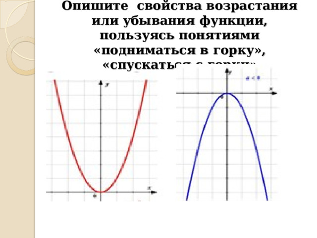 Опишите свойства возрастания или убывания функции, пользуясь понятиями «подниматься в горку», «спускаться с горки» 