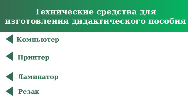 Технические средства для изготовления дидактического пособия Компьютер Принтер Ламинатор Резак 