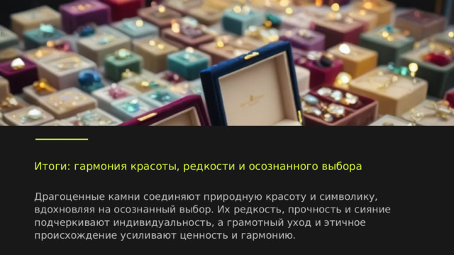  Итоги: гармония красоты, редкости и осознанного выбора Драгоценные камни соединяют природную красоту и символику, вдохновляя на осознанный выбор. Их редкость, прочность и сияние подчеркивают индивидуальность, а грамотный уход и этичное происхождение усиливают ценность и гармонию.  