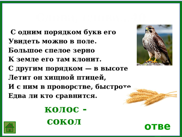 Слова, слова…40  С одним порядком букв его Увидеть можно в поле. Большое спелое зерно К земле его там клонит. С другим порядком — в высоте Летит он хищной птицей, И с ним в проворстве, быстроте Едва ли кто сравнится.  колос -сокол ответ 
