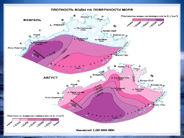 Плотность морской воды Из-за низкой теплопроводности океанической воды солнечные лучи нагревают только поверхностные воды. На глубину 100-200 м тепло передается вследствие постоянного перемешивания воды. Чем больше глубина, тем меньше солнечного света и ниже температура воды. В среднем температура морской воды +4 °С Температура замерзания морской воды -2°С Плотность морской воды зависит от температуры и солёности Плотность показывает, какая масса вещества содержится в единице объема воды. Самая высокая плотность – Атлантический океан Низкая плотность - Тихий океан Когда плотность охлажденного верхнего слоя морской воды повышается, вода опускается вниз, а на ее место наверх поднимается более теплый слой, поэтому перемешивание воды с разными слоями препятствует образованию льда. 
