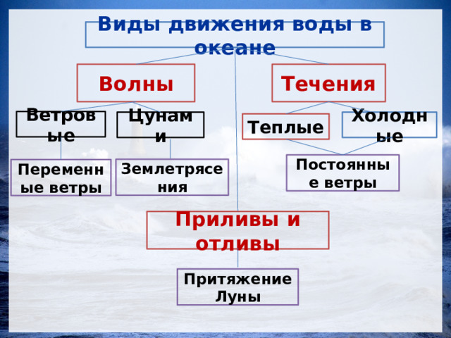Виды движения воды в океане Течения Волны Ветровые Холодные Цунами Теплые Постоянные ветры Землетрясения Переменные ветры Приливы и отливы Притяжение Луны 
