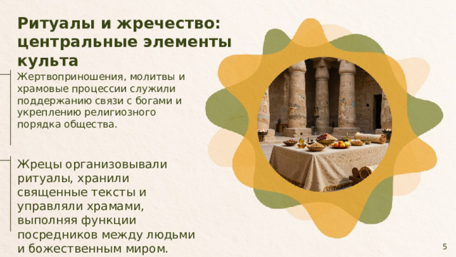 Ритуалы и жречество: центральные элементы культа  Жертвоприношения, молитвы и храмовые процессии служили поддержанию связи с богами и укреплению религиозного порядка общества. Жрецы организовывали ритуалы, хранили священные тексты и управляли храмами, выполняя функции посредников между людьми и божественным миром. 5  