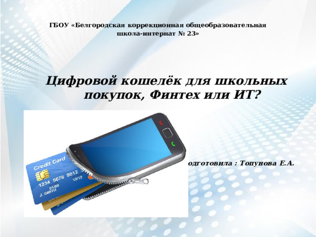 ГБОУ «Белгородская коррекционная общеобразовательная школа-интернат № 23» Цифровой кошелёк для школьных покупок, Финтех или ИТ?       подготовила : Топунова Е.А. 
