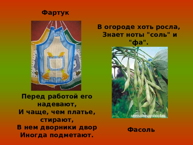 Фартук В огороде хоть росла, Знает ноты 