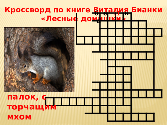 Кроссворд по книге Виталия Бианки «Лесные домишки» б е Л к а 1. Она живёт в лесу на высокой ели, в доме из сучьев, палок, с торчащим мхом изнутри. 