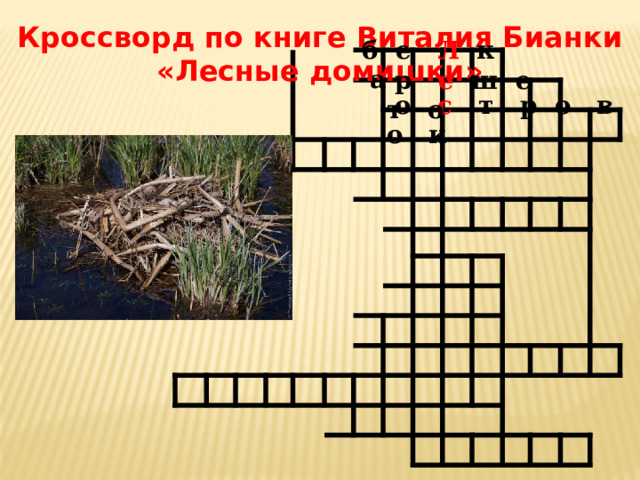 Кроссворд по книге Виталия Бианки «Лесные домишки» б е Л к а  р е  ш  е т о  о с  т  р о в о к 3. На что похож дом у птицы Чомги. 
