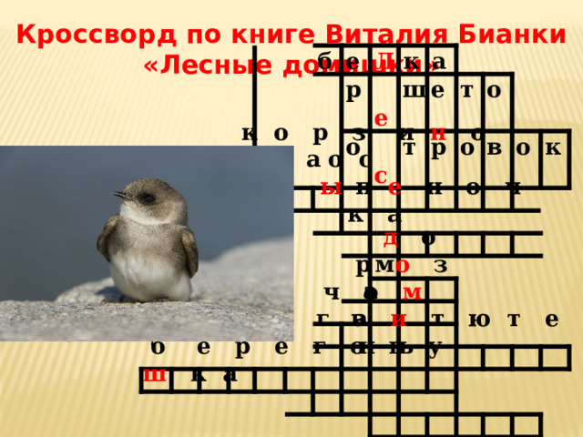 Кроссворд по книге Виталия Бианки «Лесные домишки» б е Л р к  е о  с а ш е т р т о о в о к  к о р  з и н о ч к а  о с ы 11. Кто живёт в дыре обрыва крутого берега?  п е  н о ч к а  д о м  р  о  з а  ч о м г а  в и  т ю т е н ь  б е р е г о в у ш к а 