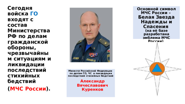 Сегодня войска ГО входят с состав Министерства РФ по делам гражданской обороны, чрезвычайным ситуациям и ликвидации последствий стихийных бедствий ( МЧС России ). Основной символ МЧС России –  Белая Звезда Надежды и Спасения   (на её базе разработана эмблема МЧС России)   Министр Российской Федерации по делам ГО, ЧС и ликвидации последствий стихийных бедствий Александр Вячеславович Куренков 