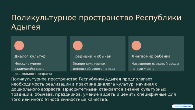  Поликультурное пространство Республики Адыгея Диалог культур Традиции и обычаи Лингвомир ребенка Межкультурное взаимодействие с дошкольного возраста Знание культурных ценностей своего народа Насыщение языковой среды на всю жизнь Поликультурное пространство Республики Адыгея предполагает необходимость реализации в практике диалога культур, начиная с дошкольного возраста. Приоритетными становятся знание культурных традиций, обычаев, праздников, умение видеть и ценить специфичные для того или иного этноса личностные качества . 