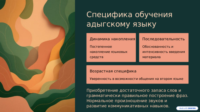  Специфика обучения адыгскому языку Динамика накопления Последовательность Постепенное накопление языковых средств Обоснованность и интенсивность введения материала Возрастная специфика Уверенность в возможности общения на втором языке Приобретение достаточного запаса слов и грамматически правильное построение фраз. Нормальное произношение звуков и развитие коммуникативных навыков. 