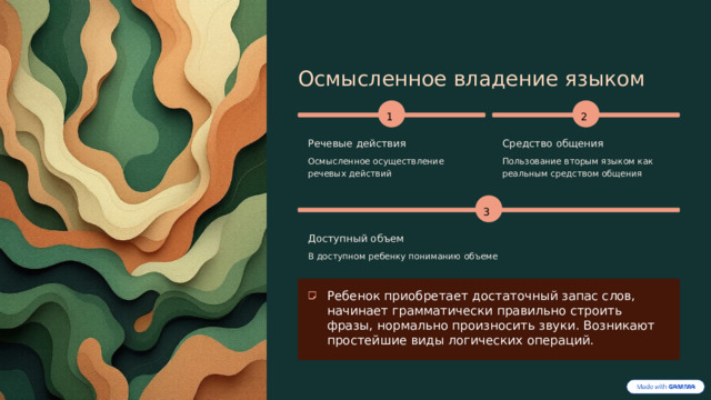  Осмысленное владение языком 2 1 Средство общения Речевые действия Осмысленное осуществление речевых действий Пользование вторым языком как реальным средством общения 3 Доступный объем В доступном ребенку пониманию объеме Ребенок приобретает достаточный запас слов, начинает грамматически правильно строить фразы, нормально произносить звуки. Возникают простейшие виды логических операций. 