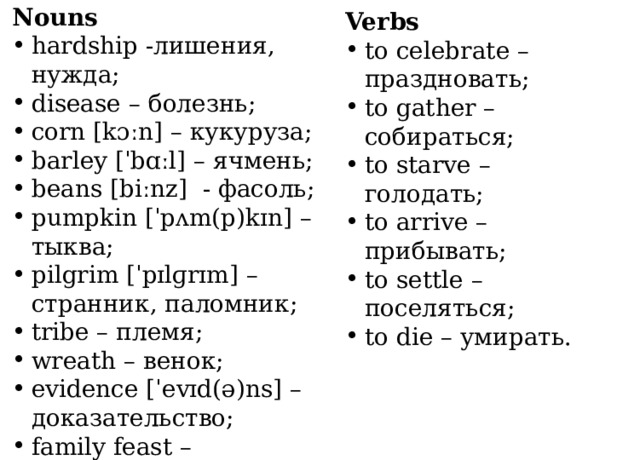 Nouns hardship -лишения, нужда; disease – болезнь; corn [kɔːn] – кукуруза; barley [ˈbɑːl] – ячмень; beans [biːnz] - фасоль; pumpkin [ˈpʌm(p)kɪn] – тыква; pilgrim [ˈpɪlɡrɪm] – странник, паломник; tribe – племя; wreath – венок; evidence [ˈevɪd(ə)ns] – доказательство; family feast – семейный праздник; Verbs to celebrate – праздновать; to gather – собираться; to starve – голодать; to arrive – прибывать; to settle – поселяться; to die – умирать. 