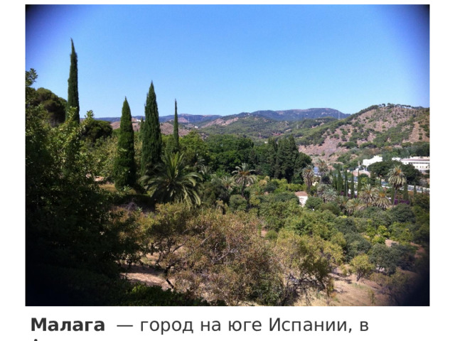 Малага   — город на юге Испании, в Андалусии 