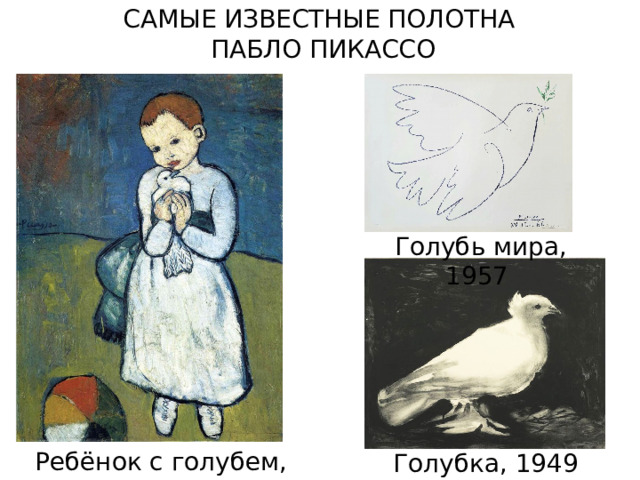 САМЫЕ ИЗВЕСТНЫЕ ПОЛОТНА ПАБЛО ПИКАССО Голубь мира, 1957 Ребёнок с голубем, 1901 Голубка, 1949 