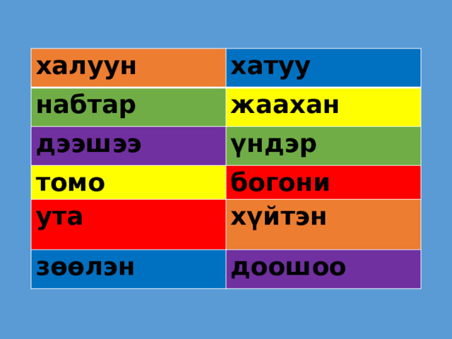 халуун хатуу набтар жаахан дээшээ үндэр томо богони ута хүйтэн зөөлэн  доошоо 