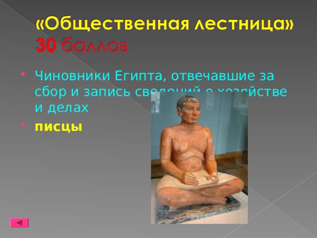 Чиновники Египта, отвечавшие за сбор и запись сведений о хозяйстве и делах писцы 