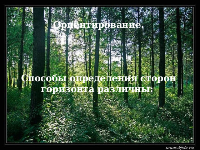 Ориентирование.      Способы определения сторон горизонта различны:    