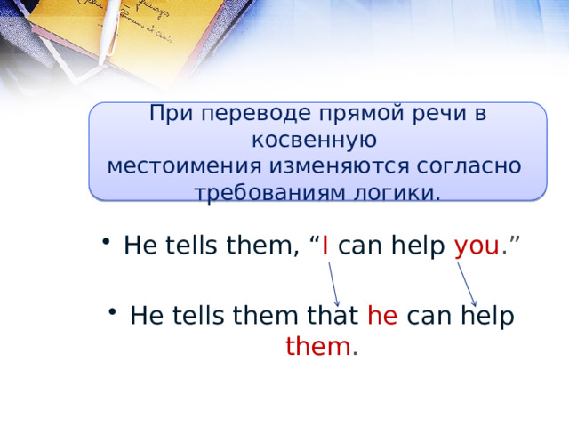 He tells them, “ I can help you .” He tells them that he can help them . При переводе прямой речи в косвенную местоимения изменяются согласно требованиям логики. 