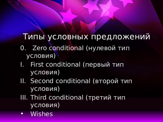 Типы условных предложений 0. Zero conditional (нулевой тип условия) First conditional (первый тип условия) Second conditional (второй тип условия) Third conditional (третий тип условия) Wishes 