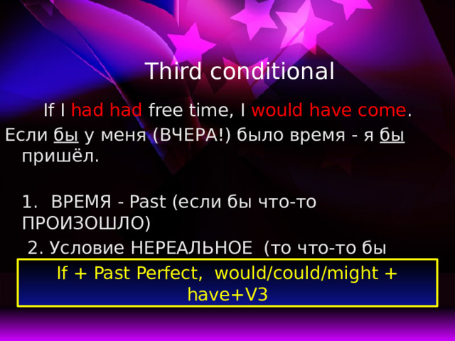Third conditional If I had had free time, I would have come . Если бы у меня (ВЧЕРА!) было время - я бы пришёл.  1.  ВРЕМЯ - Past (если бы что-то ПРОИЗОШЛО)  2. Условие НЕРЕАЛЬНОЕ (то что-то бы СЛУЧИЛОСЬ)   If + Past Perfect, would/could/might + have+V3 