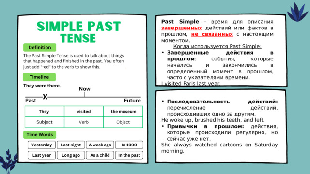 Past Simple - время для описания завершенных действий или фактов в прошлом, не связанных с настоящим моментом. Когда используется Past Simple: Завершенные действия в прошлом : события, которые начались и закончились в определенный момент в прошлом, часто с указателями времени. I visited Paris last year. Последовательность действий: перечисление действий, происходивших одно за другим. He woke up, brushed his teeth, and left. Привычки в прошлом: действия, которые происходили регулярно, но сейчас уже нет. She always watched cartoons on Saturday morning. 
