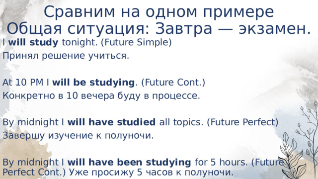 Сравним на одном примере  Общая ситуация: Завтра — экзамен. I will study tonight. (Future Simple) Принял решение учиться. At 10 PM I will be studying . (Future Cont.) Конкретно в 10 вечера буду в процессе. By midnight I will have studied all topics. (Future Perfect) Завершу изучение к полуночи. By midnight I will have been studying for 5 hours. (Future Perfect Cont.) Уже просижу 5 часов к полуночи. 