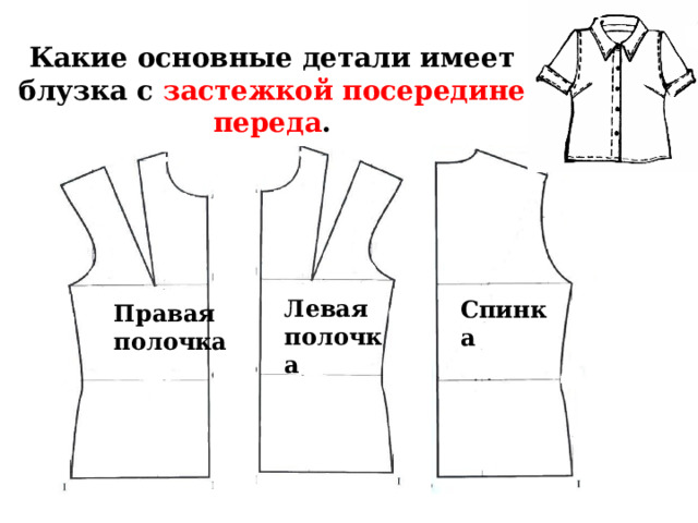  Правая  полочка Левая полочка Спинка Какие основные детали имеет блузка с застежкой посередине переда . 