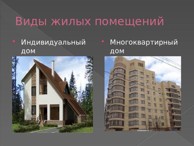  Виды жилых помещений Многоквартирный дом Индивидуальный дом 