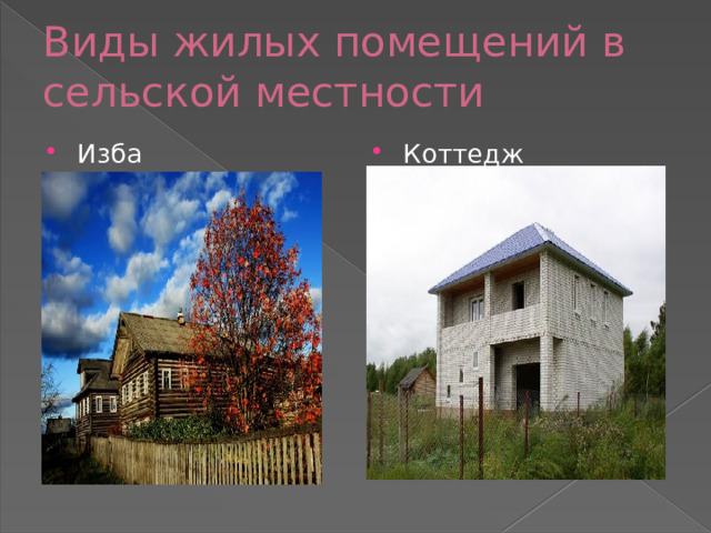 Виды жилых помещений в сельской местности Изба Коттедж 