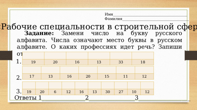 Имя________________________________________ Фамилия____________________________________ « Рабочие специальности в строительной сфере» Задание: Замени число на букву русского алфавита. Числа означают место буквы в русском алфавите. О каких профессиях идет речь? Запиши ответы. 19 20 16 13 33 18 1. 17 13 16 20 15 11 12 2. 19 20 6 12 16 13 30 27 10 12 3. Ответы 1_______________2________________3__________________ 