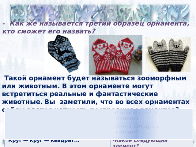 - Как же называется третий образец орнамента, кто сможет его назвать?        Такой орнамент будет называться зооморфным или животным. В этом орнаменте могут встретиться реальные и фантастические животные.  Вы заметили, что во всех орнаментах соблюдается четкость построения элементов? Цветок — листок — цветок... Помидор - помидор... -Какой будет следующий элемент?  Круг — круг — квадрат... -Какой следующий элемент? -Какой следующий элемент? ? ? ?  05/14/2026 