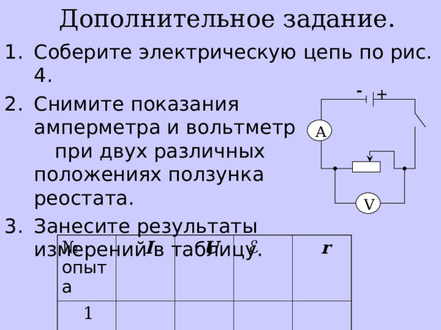 Дополнительное задание. Соберите электрическую цепь по рис. 4. Снимите показания    амперметра и вольтметр     при двух различных положениях ползунка реостата. Занесите результаты измерений в таблицу. - + A V № опыта  1  2  I  U  ℰ  r 