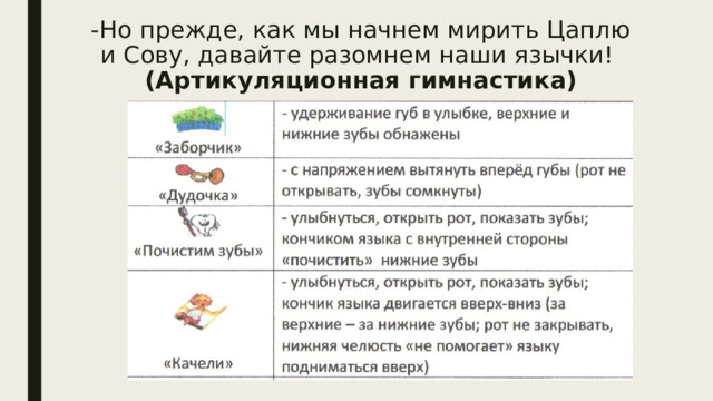-Но прежде, как мы начнем мирить Цаплю и Сову, давайте разомнем наши язычки!  (Артикуляционная гимнастика) 