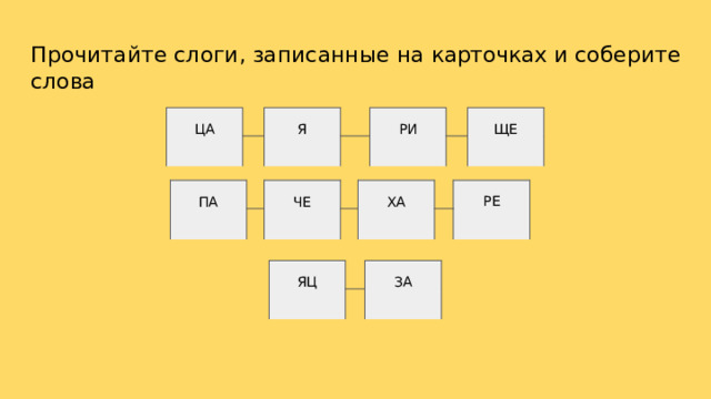 Прочитайте  слоги,  записанные  на  карточках и  соберите  слова ЦА Я РИ ЩЕ ПА ЧЕ ХА РЕ ЯЦ ЗА 
