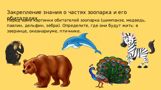 Закрепление  знания  о  частях  зоопарка  и  его  обитателях Перед  вами  картинки  обитателей  зоопарка  (шимпанзе,  медведь,  павлин, дельфин,  зебра).  Определите,  где  они  будут  жить:  в  зверинце,  океанариуме, птичнике. 