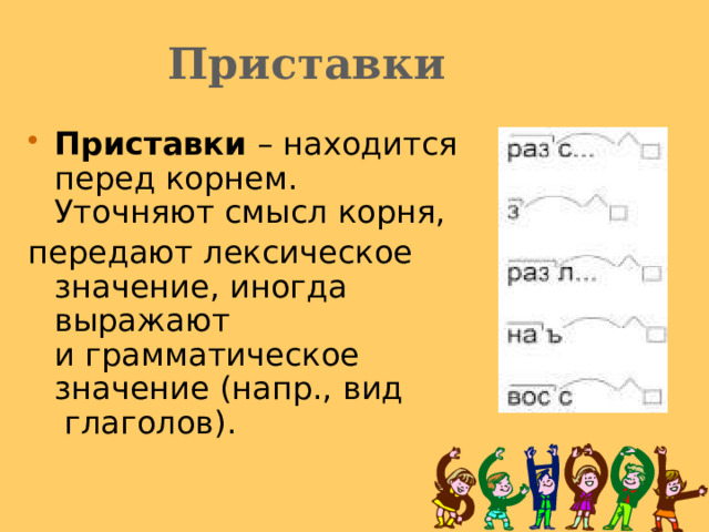Приставки Приставки – находится перед корнем. Уточняют смысл корня, передают лексическое значение, иногда выражают и грамматическое значение (напр., вид  глаголов).   