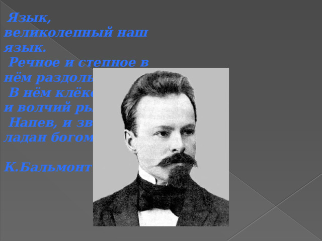 Язык, великолепный наш язык.  Речное и степное в нём раздолье,  В нём клёкоты орла и волчий рык,  Напев, и звон, и ладан богомолья.  К.Бальмонт 