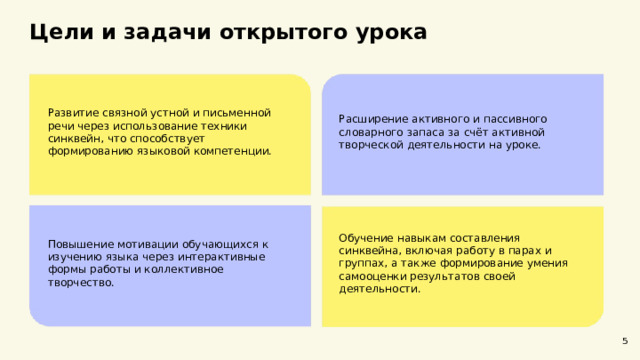  Цели и задачи открытого урока  Развитие связной устной и письменной речи через использование техники синквейн, что способствует формированию языковой компетенции. Расширение активного и пассивного словарного запаса за счёт активной творческой деятельности на уроке. Повышение мотивации обучающихся к изучению языка через интерактивные формы работы и коллективное творчество. Обучение навыкам составления синквейна, включая работу в парах и группах, а также формирование умения самооценки результатов своей деятельности. 5 