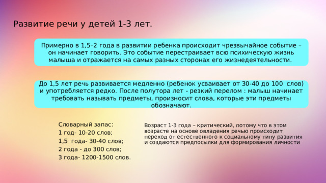 Развитие речи у детей 1-3 лет. Примерно в 1,5–2 года в развитии ребенка происходит чрезвычайное событие – он начинает говорить. Это событие перестраивает всю психическую жизнь малыша и отражается на самых разных сторонах его жизнедеятельности. До 1,5 лет речь развивается медленно (ребенок усваивает от 30-40 до 100 слов) и употребляется редко. После полутора лет - резкий перелом : малыш начинает требовать называть предметы, произносит слова, которые эти предметы обозначают. Словарный запас: 1 год- 10-20 слов; 1,5 года- 30-40 слов; 2 года - до 300 слов; 3 года- 1200-1500 слов. Возраст 1-3 года – критический, потому что в этом возрасте на основе овладения речью происходит переход от естественного к социальному типу развития и создаются предпосылки для формирования личности 4 