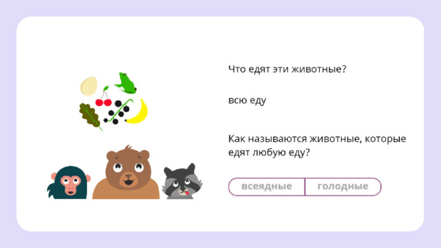 Повторение  — Как называются животные, которые едят любую еду? — Привидите ещё пример таких животных.  