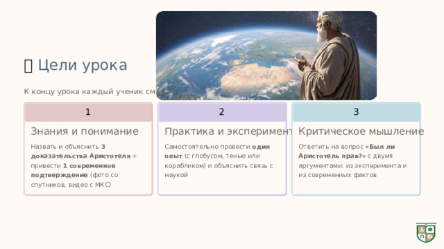  🎯  Цели урока К концу урока каждый ученик сможет: 3 2 1 Критическое мышление Практика и эксперимент Знания и понимание Назвать и объяснить 3 доказательства Аристотеля + привести 1 современное подтверждение (фото со спутников, видео с МКС) Ответить на вопрос «Был ли Аристотель прав?» с двумя аргументами: из эксперимента и из современных фактов Самостоятельно провести один опыт (с глобусом, тенью или корабликом) и объяснить связь с наукой 