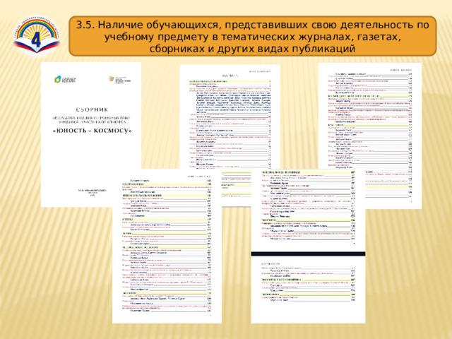 3.5. Наличие обучающихся, представивших свою деятельность по учебному предмету в тематических журналах, газетах, сборниках и других видах публикаций 